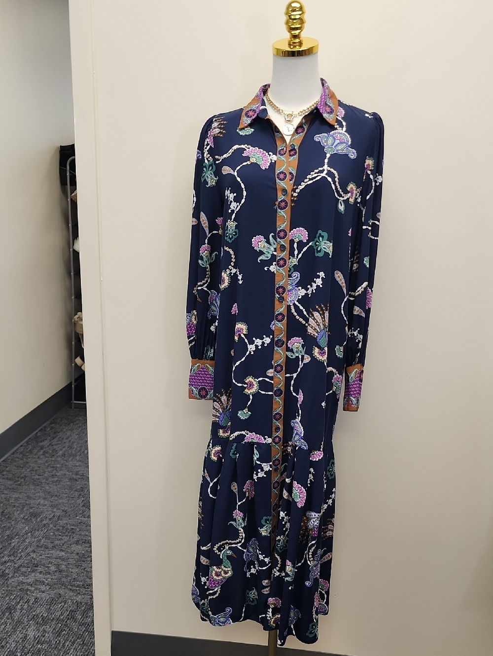 LOFT Navy Floral Button Front Maxi Dress Long Sleeve Size 0